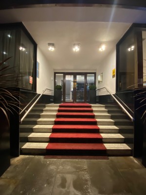 Staircase straight ahead. Handrails along both sides.