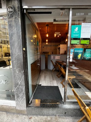 Glass door. Push from silver handle on right to open.