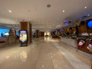 From end of path in lobby facing left. Reception counter along right. Path in centre leads straight ahead. Pillars along left.