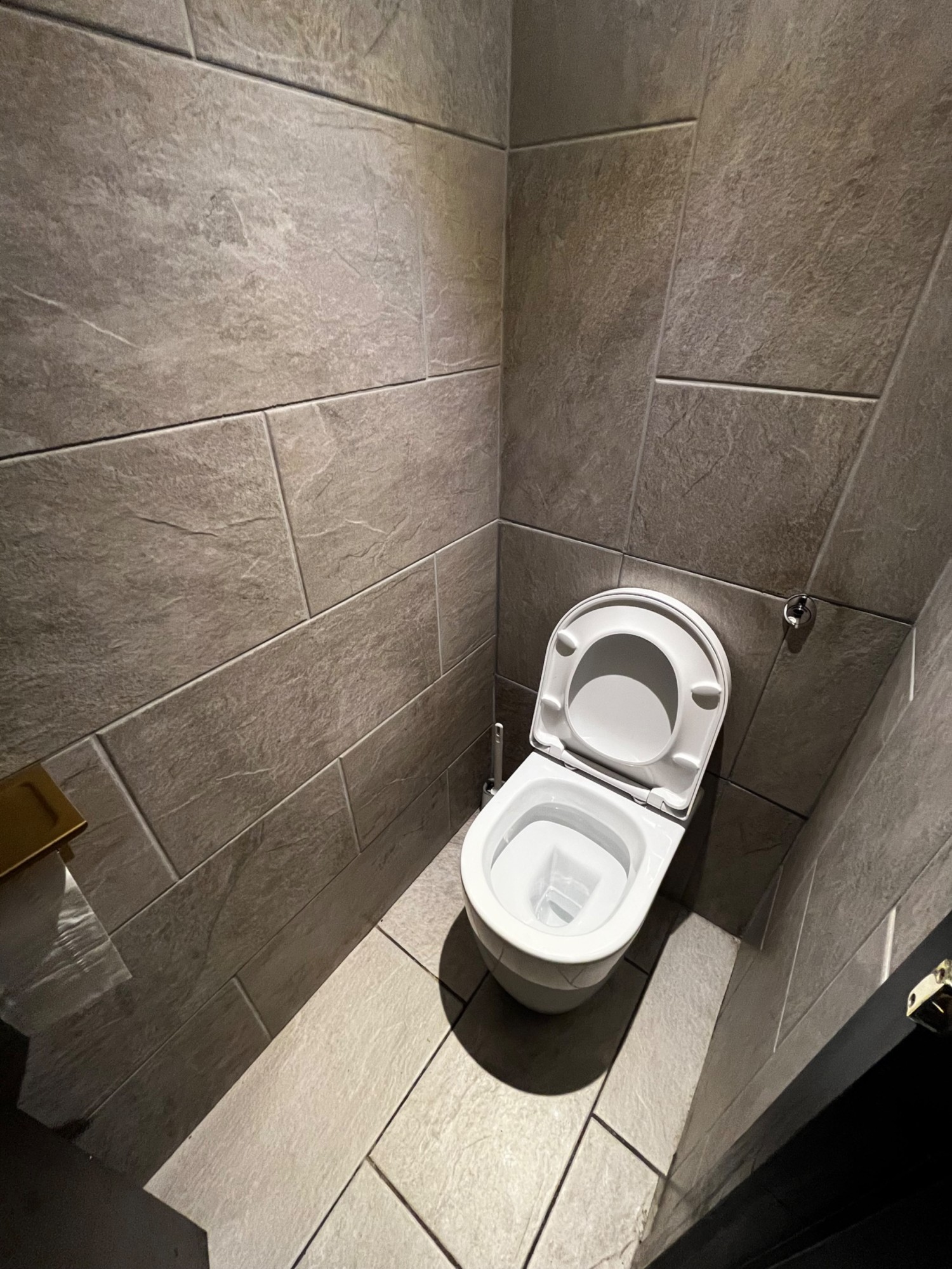 Facing straight on from cubicle doorway. Toilet on right wall.
