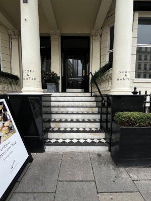 Staircase to entrance. 8 steps up to door. Handrail on right.
