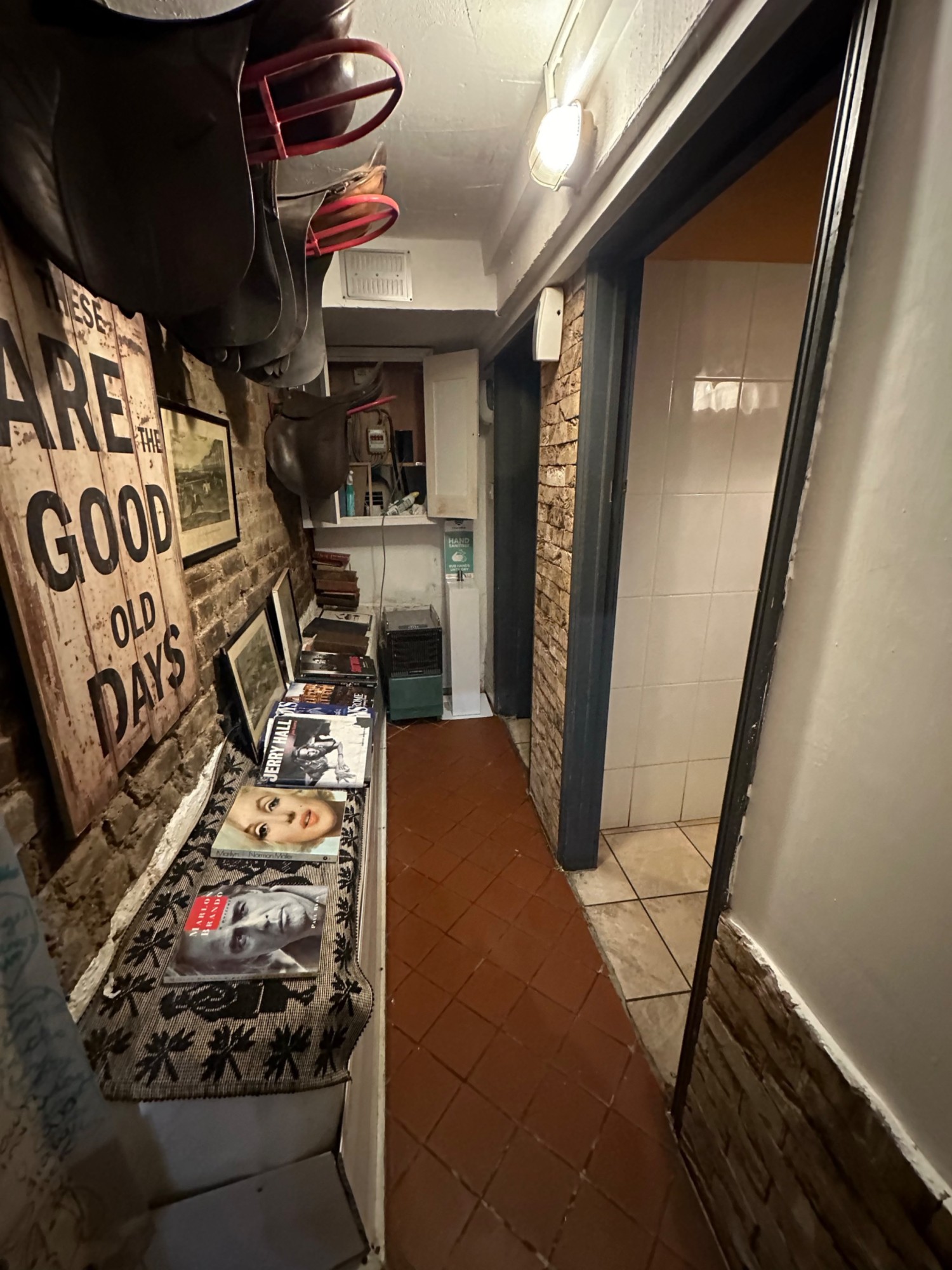From bottom of stairs looking straight ahead. Gents and ladies bathroom doors on right wall. Shelving along left wall.