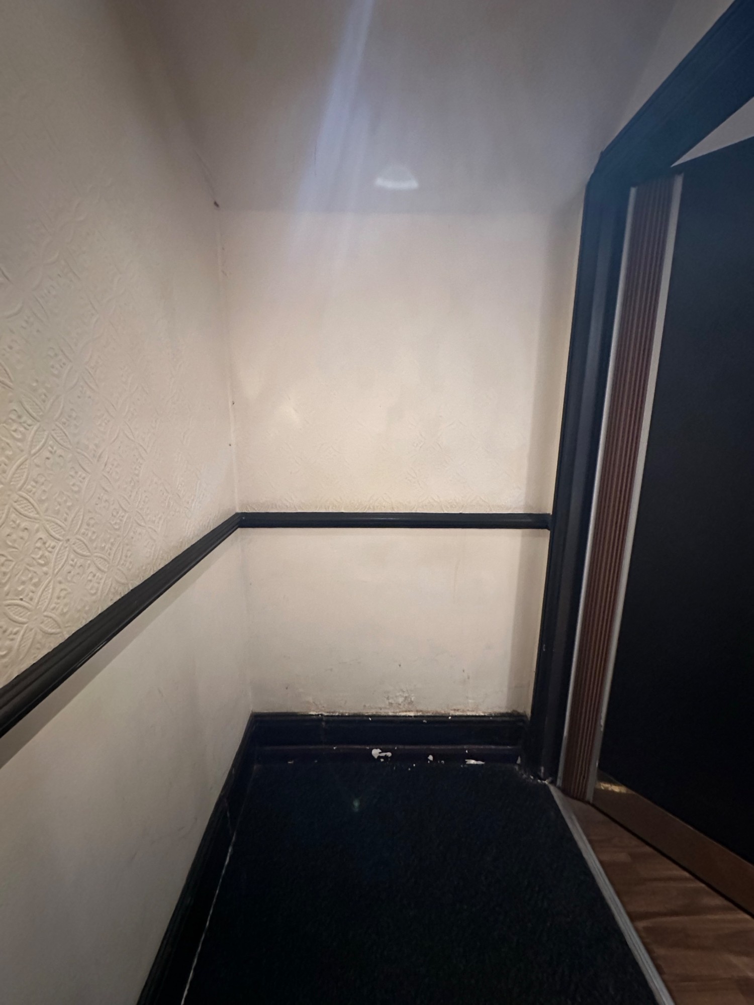 From preceding door facing straight. Bathroom door to right.