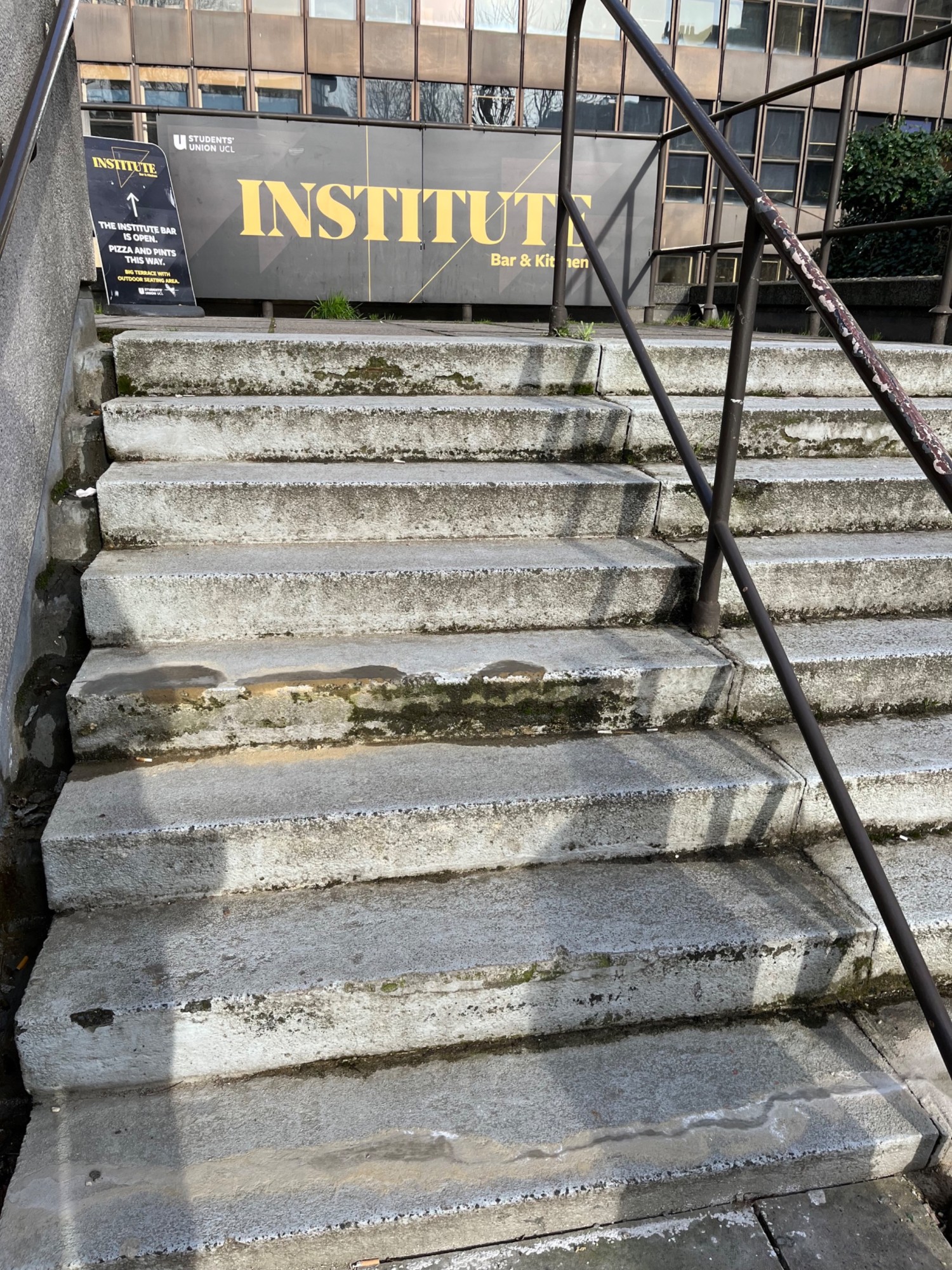 First flight of stairs up to landing before main entrance. Handrails to left, right, and centre.