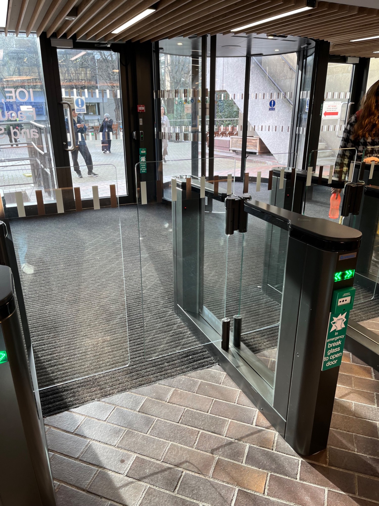 Gate operated with UCL student card. Pictured is a gate of large width for wheelchair users