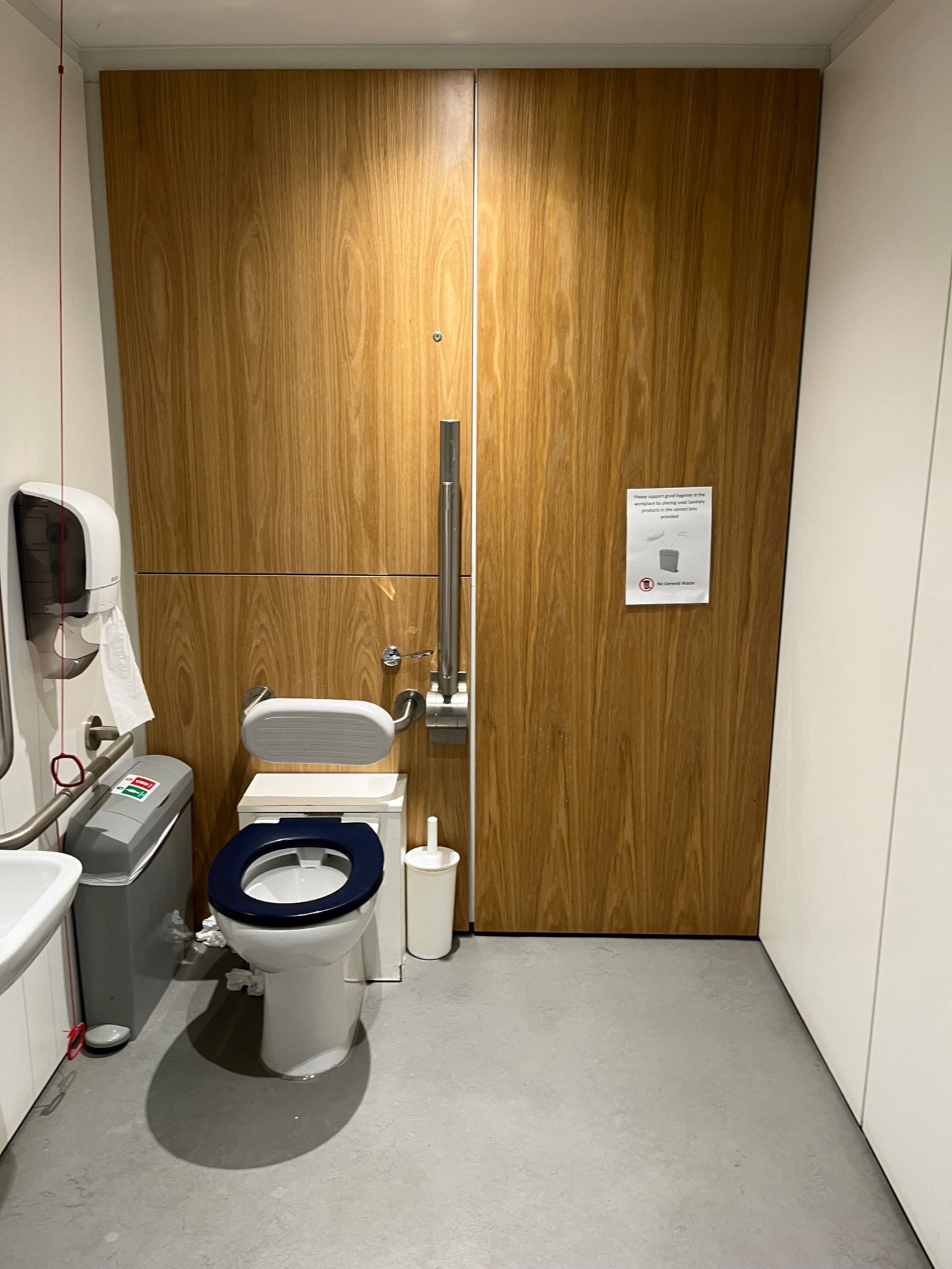 From door looking straight. Toilet back left corner with pull cord to its left. Sink centre of left wall.