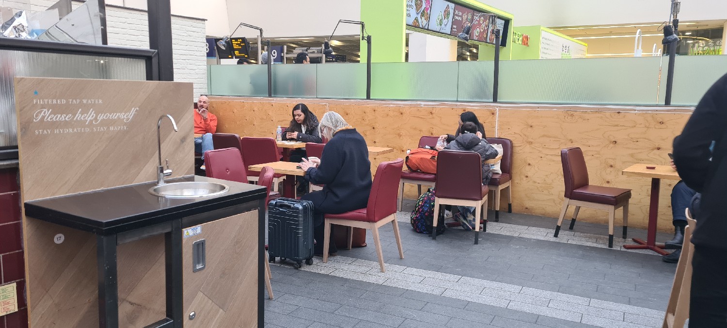 Seating areas for Pret a Manger, wide access with level, smooth flooring. Wide aisle bergen seating, tables and counter top. 

Food selection access