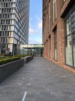 From pavement looking straight. Garden area along left of path.