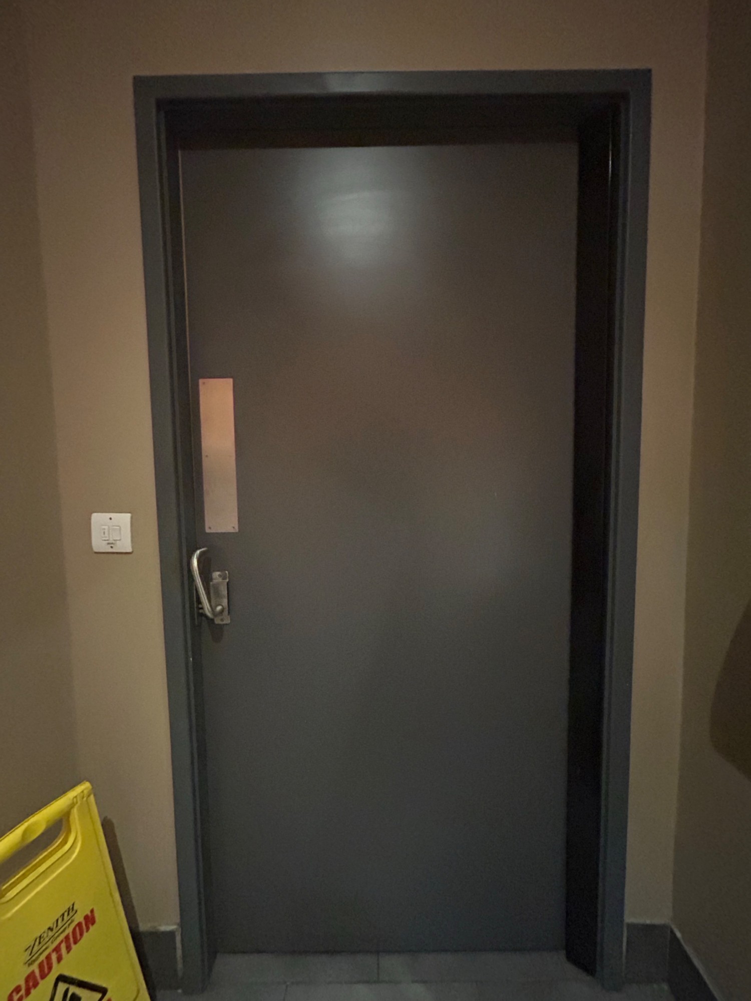 Back of toilet door. Push silver handle from left to open. White light switch to left of door.