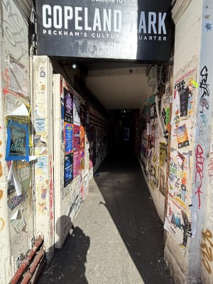 From pavement facing straight. White door ahead. Push from right to open. Path behind.