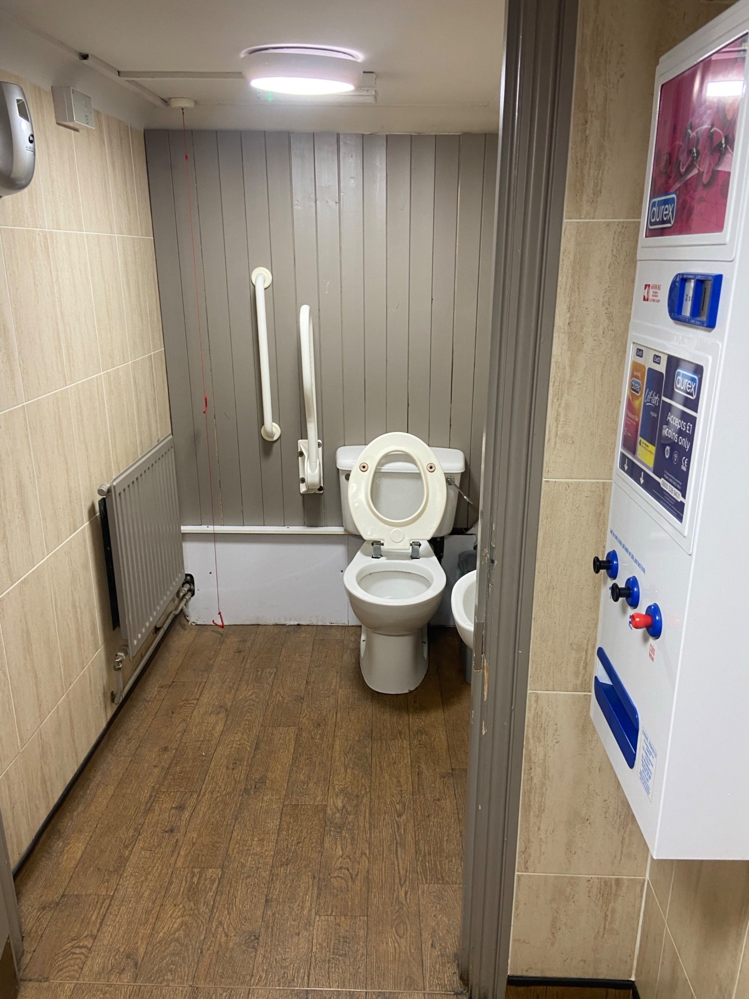 the inside of the toilet cubicle. toilet. sink. grab rails. pull cord