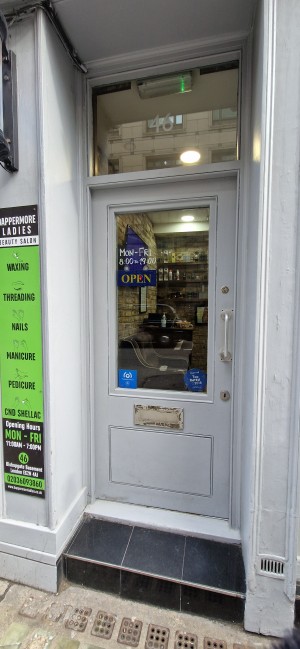 Photo of main entrance from street. Grey push door with vertical bar handle and glass panel. Step to entrance and small bump.