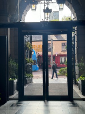 The main entrance, which is on top of a small elevated ramp. This picture is taken from inside the building.