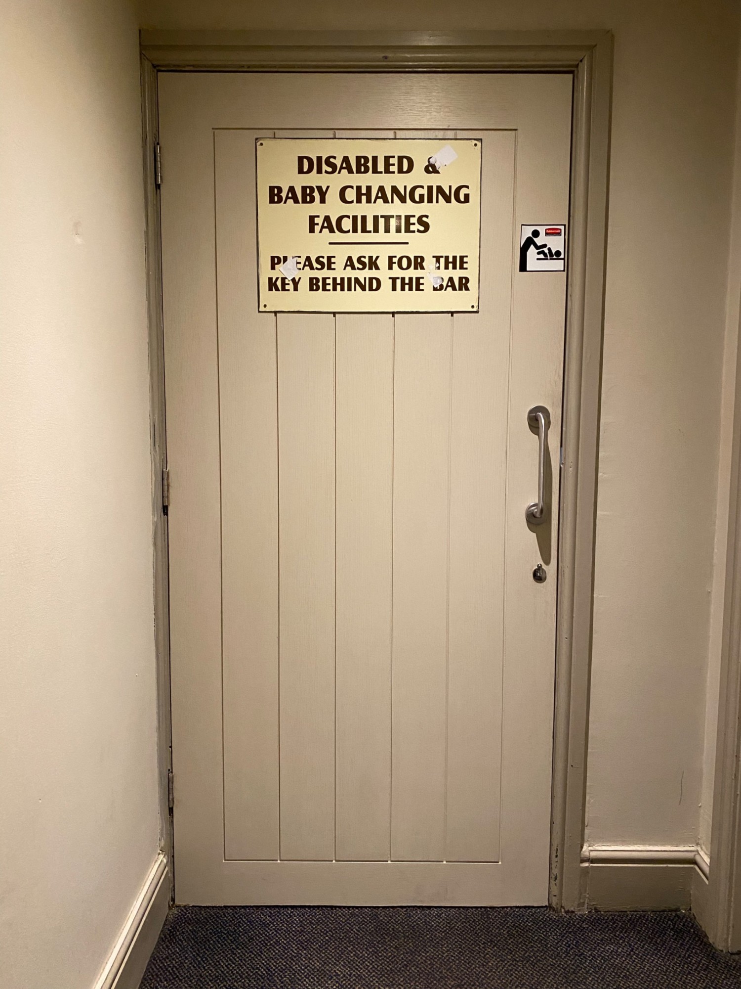 Disabled toilet is locked and a RADAR key does not work. Must ask for a key from the bar area.