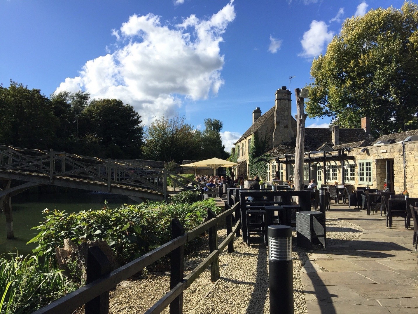 Photo of the middle part of outdoor seating area. High bar tables on the left and lower normal tables right. The river is on the left.