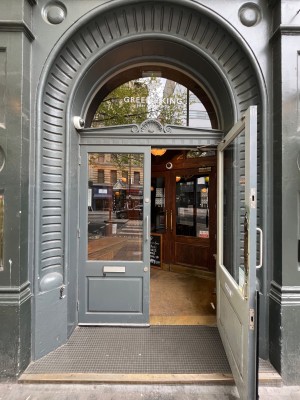Path ahead to two sets of doors.