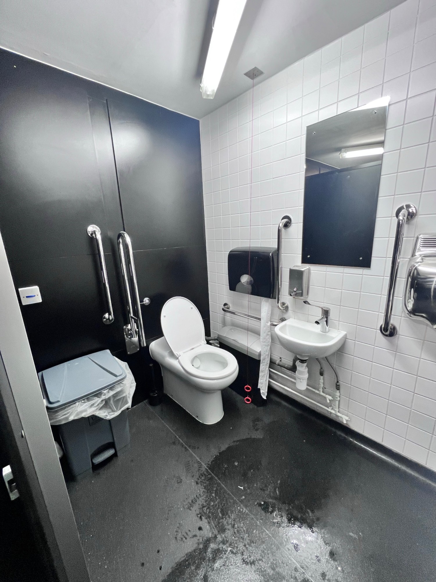 Toilet and interior of wheelchair accessible toilet.