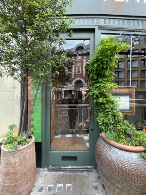 Single glass door with green frame surrounded by plants. Push vertical handle on right to open.