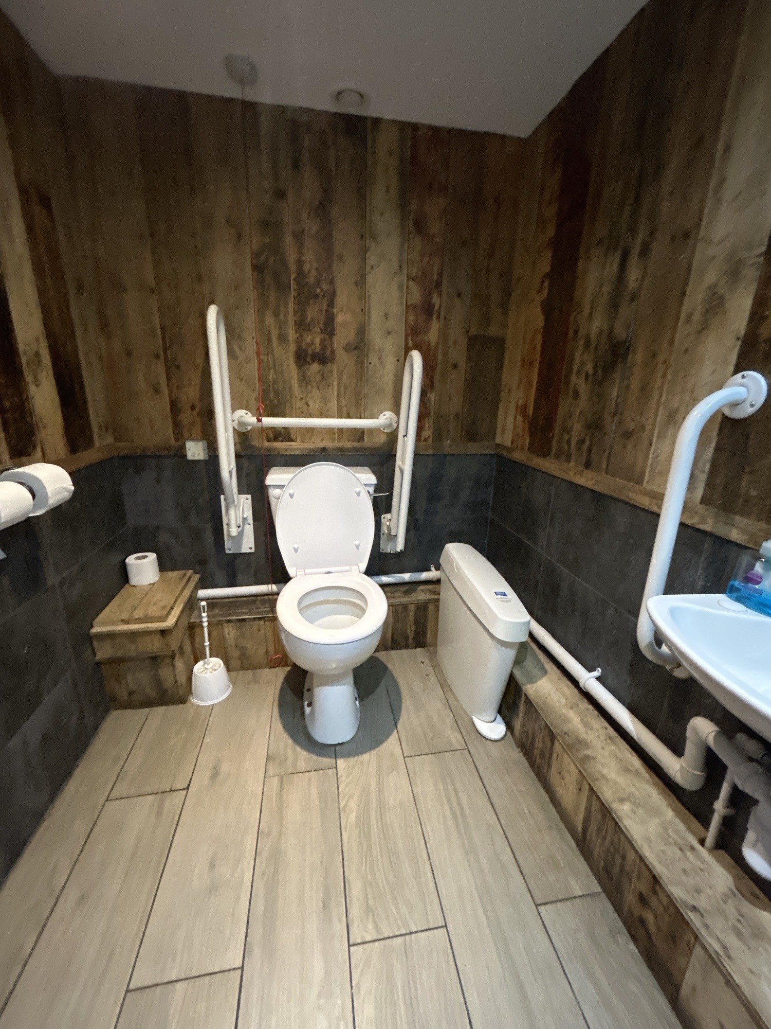 the toilet which is spacious enough for wheelchairs to move around in, has an emergency cord, and grab bars on both sides of the toilet. changing tabl