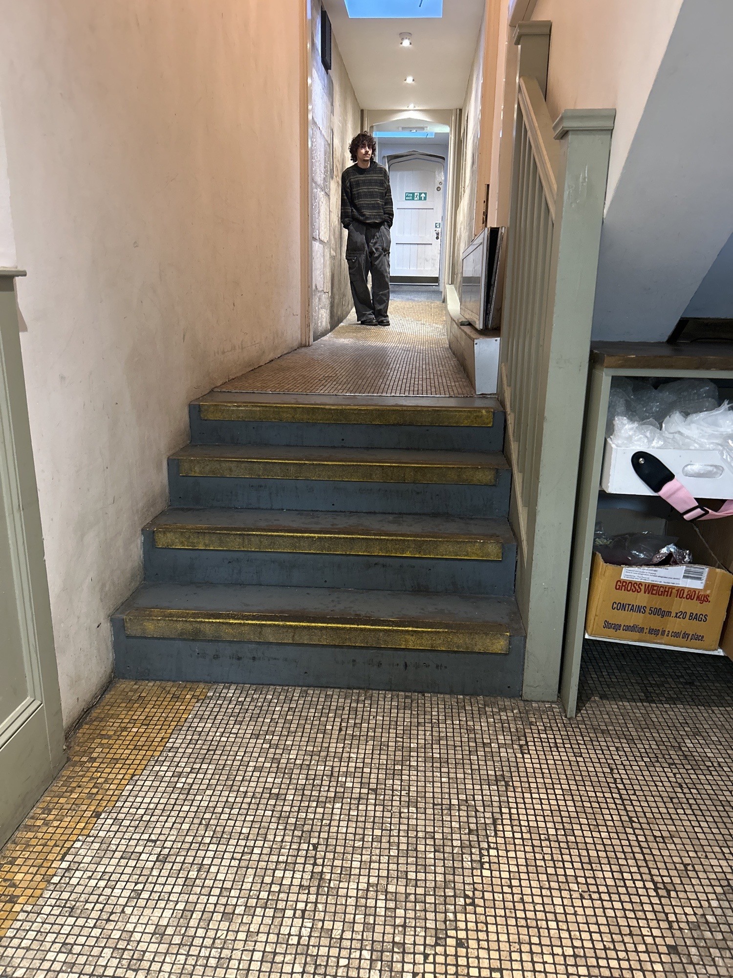 this is the “accessible entrance”, a ramp at a 45° angle over a flight of stairs.