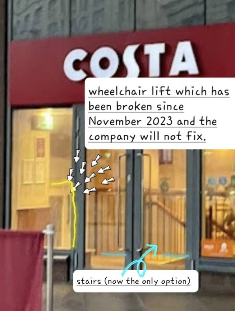 The same doors, highlighting the Wheelchair lift which has been broken since November 2023, and the stairs which are now the only way in to the store.
