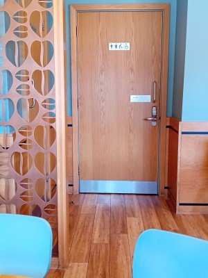 Door will need a code from shop to open.

It is pull silver handle and has wheelchair acesss.

Nothing is blocking enterance to toilet.