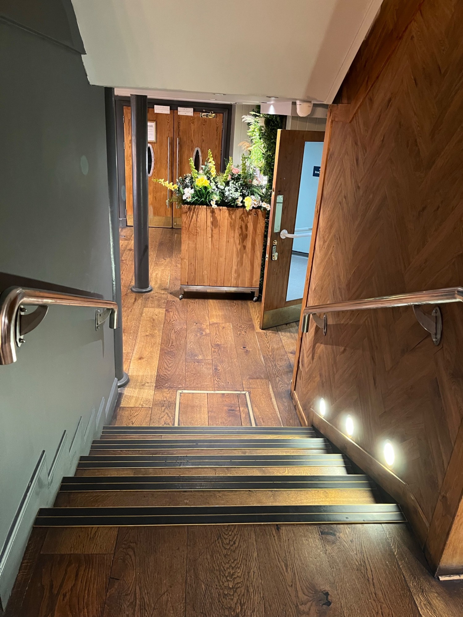 The steps from the main seating area down to the accessible toilet area
