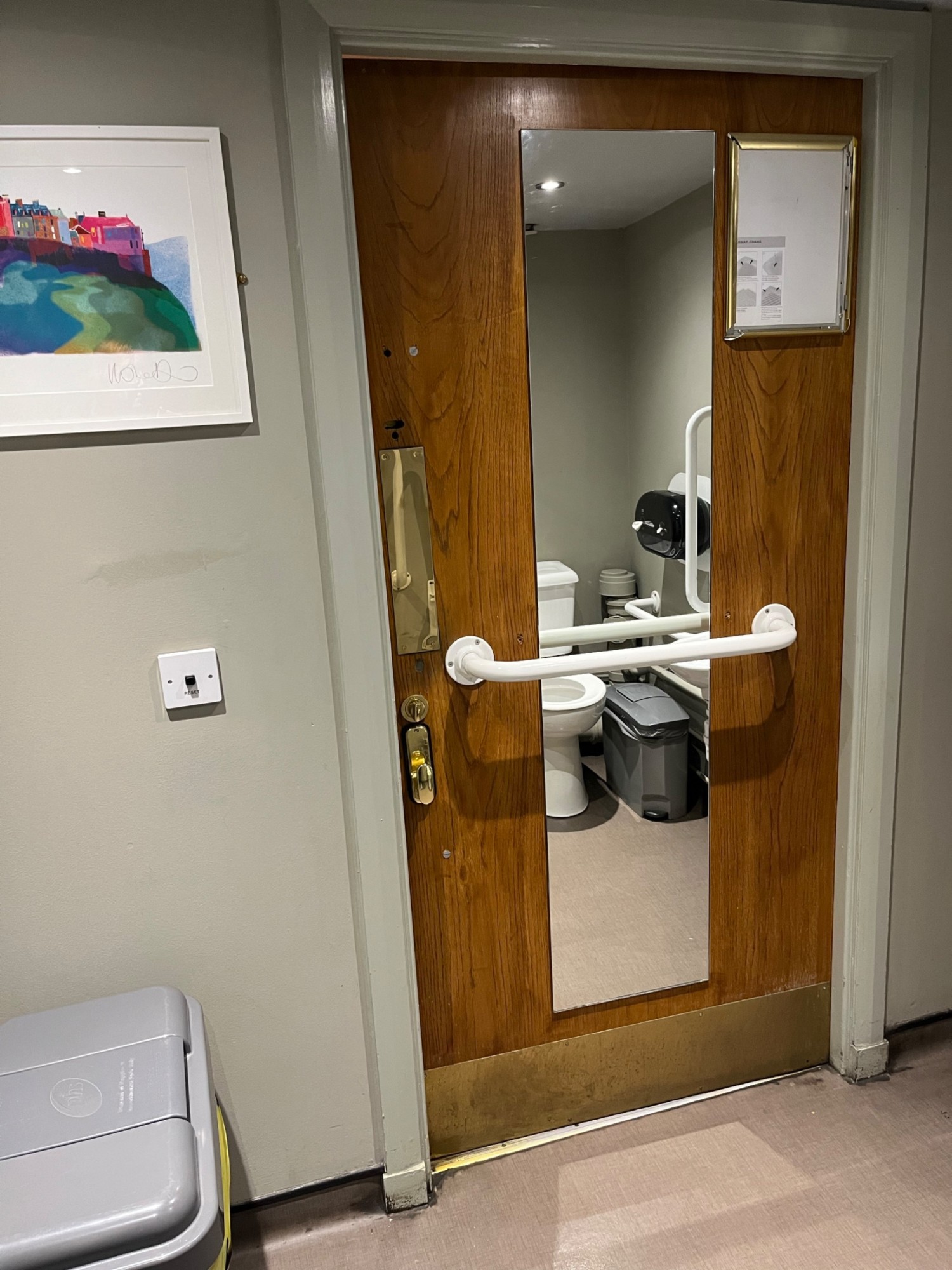 The toilet door viewed from the back of the room. There is a grab handle on the back of the door