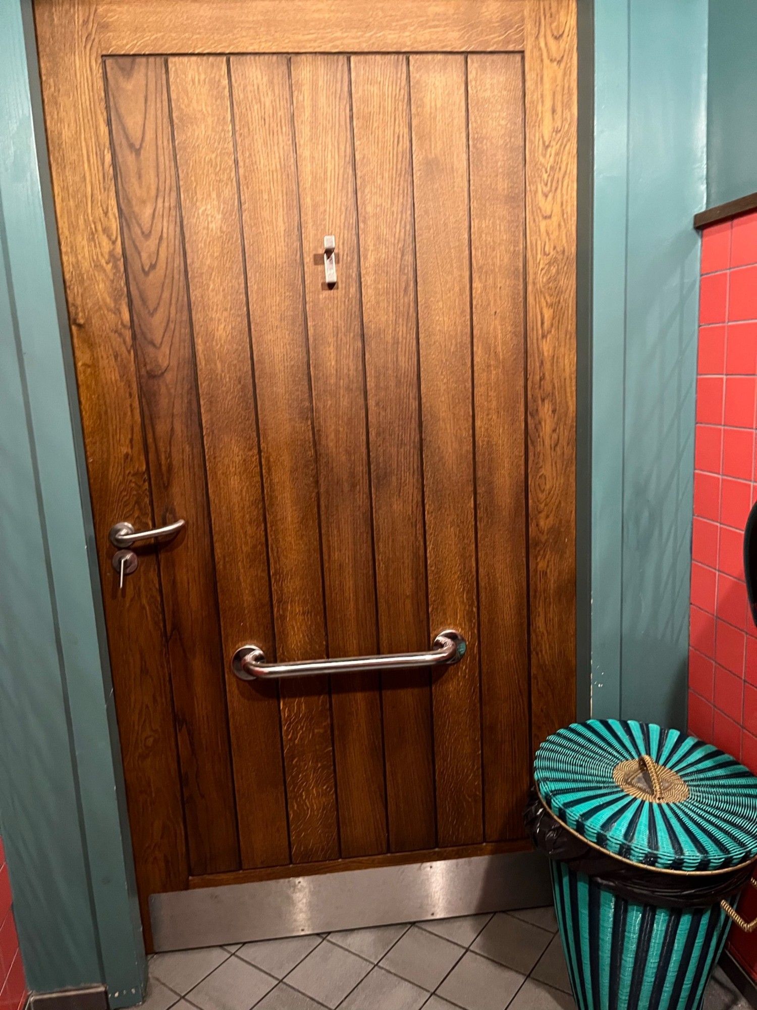 The reverse of the bathroom door. There is a grab handle and a turn lock