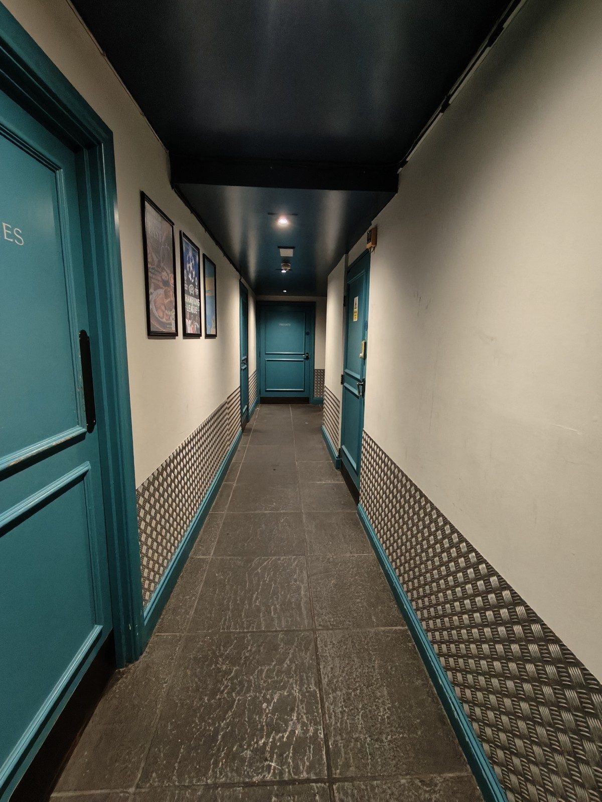 From after fire extinguisher facing right. Path ahead to toilet at back right.