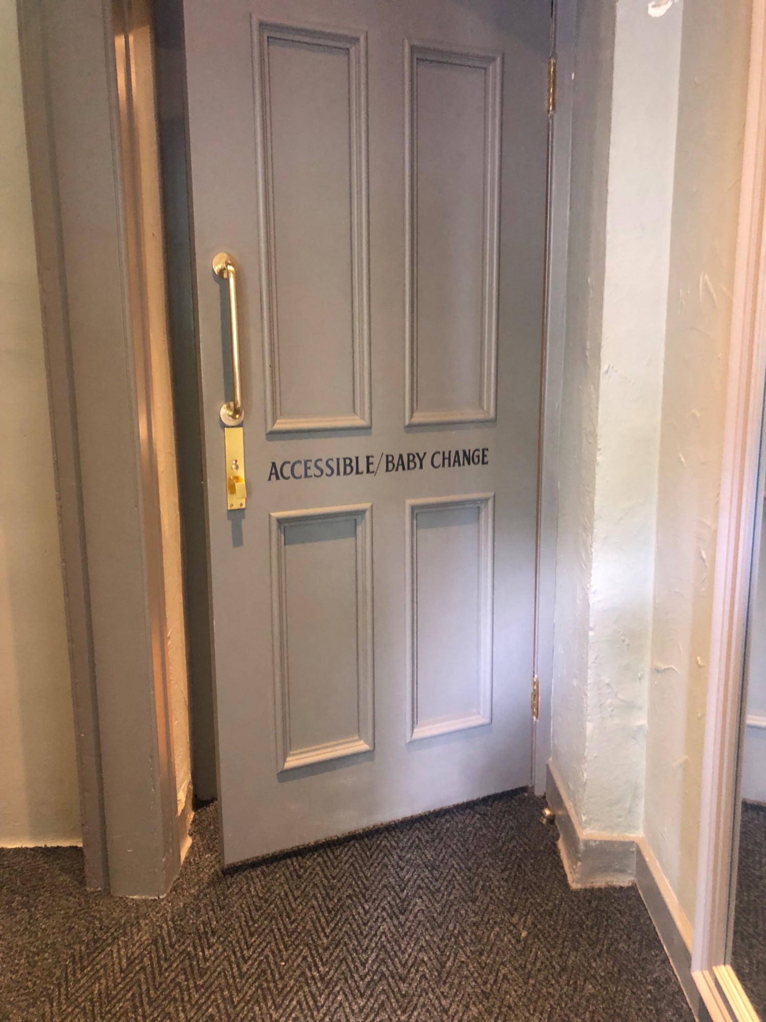 The door is a pull door, there is no room to the right but a little to the left in a open doorway.