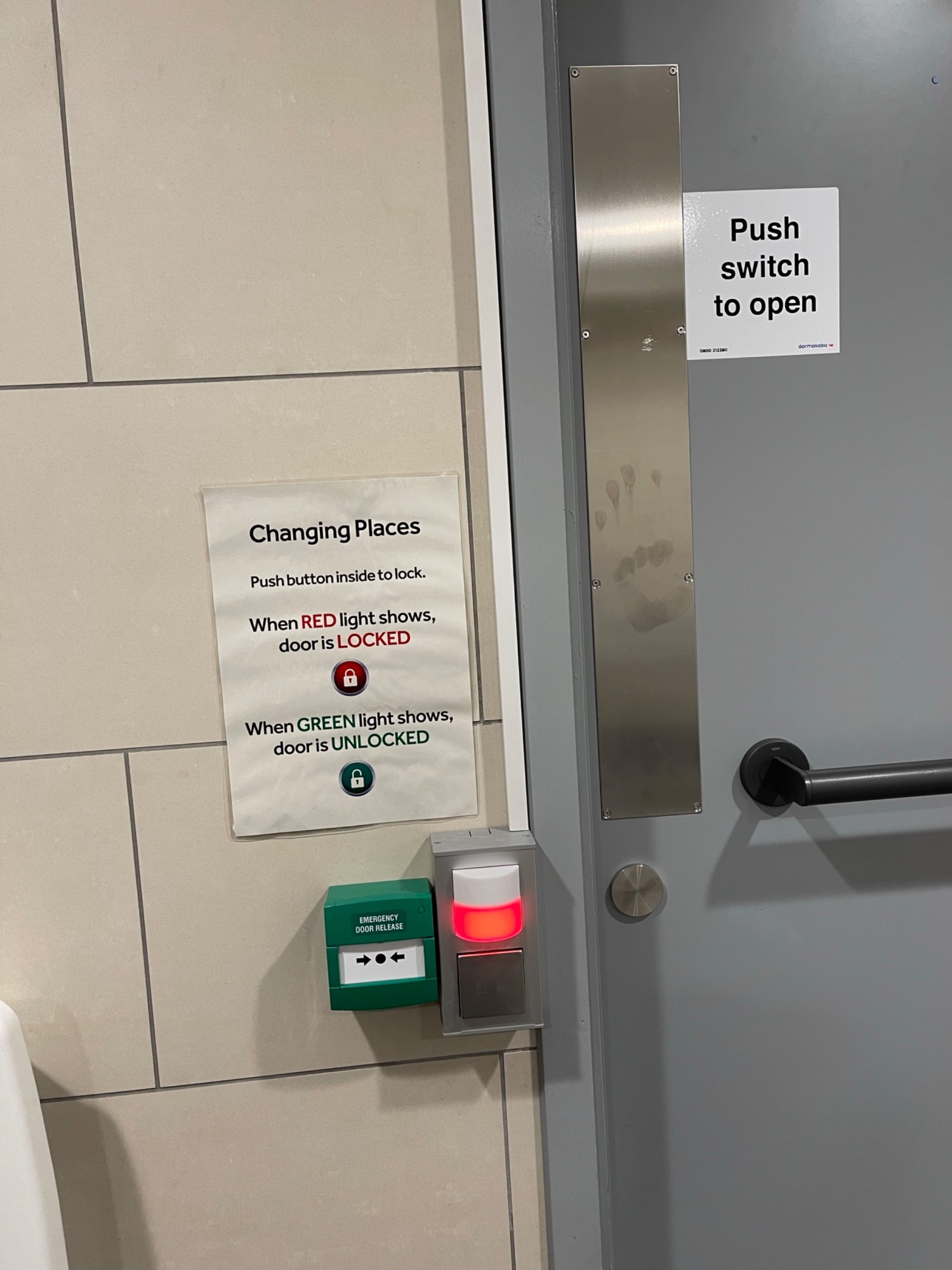 Describes how to use the toilet lock “ push button inside to lock when red light snows door is locked when green light shows door is unlocked”