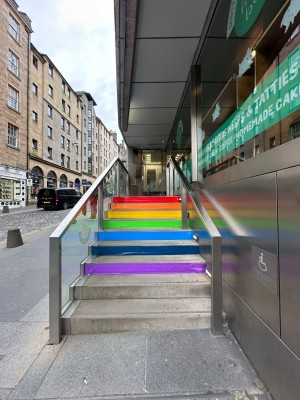 From pavement looking straight at flight of stairs ahead. Silver handrails along left and right.